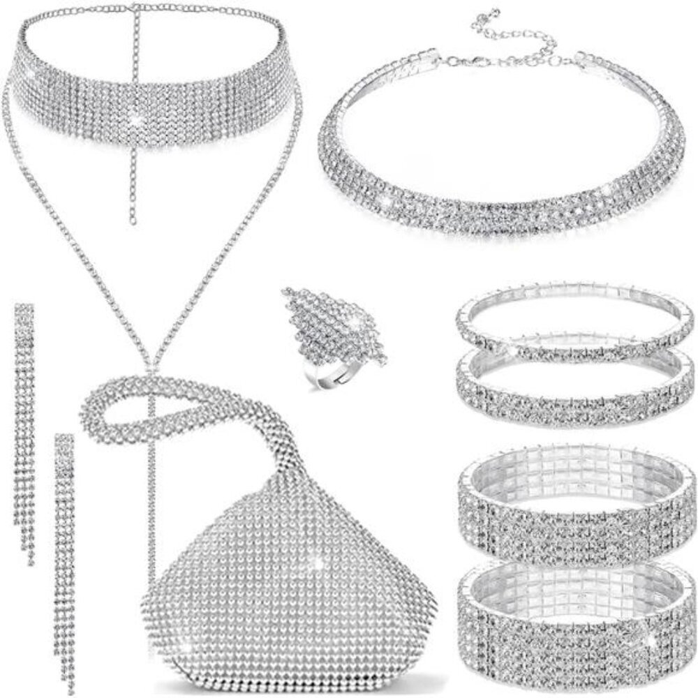 Rhinestone Jewelry Set with Silver Clutch Necklace Earrings Bracelet Ring Gift